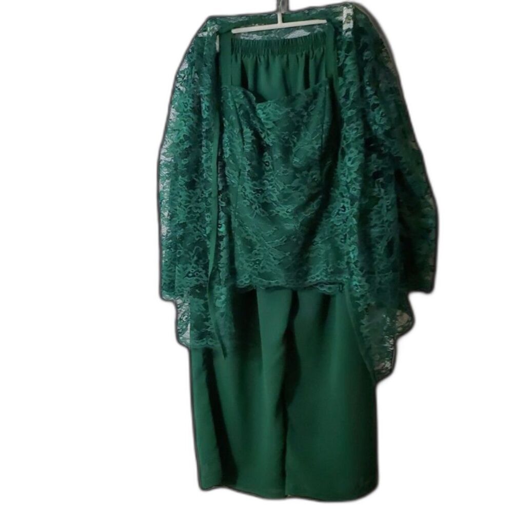 Evening or Wedding Formal Green Pants, Top, and Cover Lace